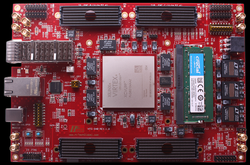 HTG-940 — UltraScale+ VU9P / VU13P FPGA board with four FMC+ ports HTG-940 — UltraScale+ VU9P / VU13P FPGA board with four FMC+ ports